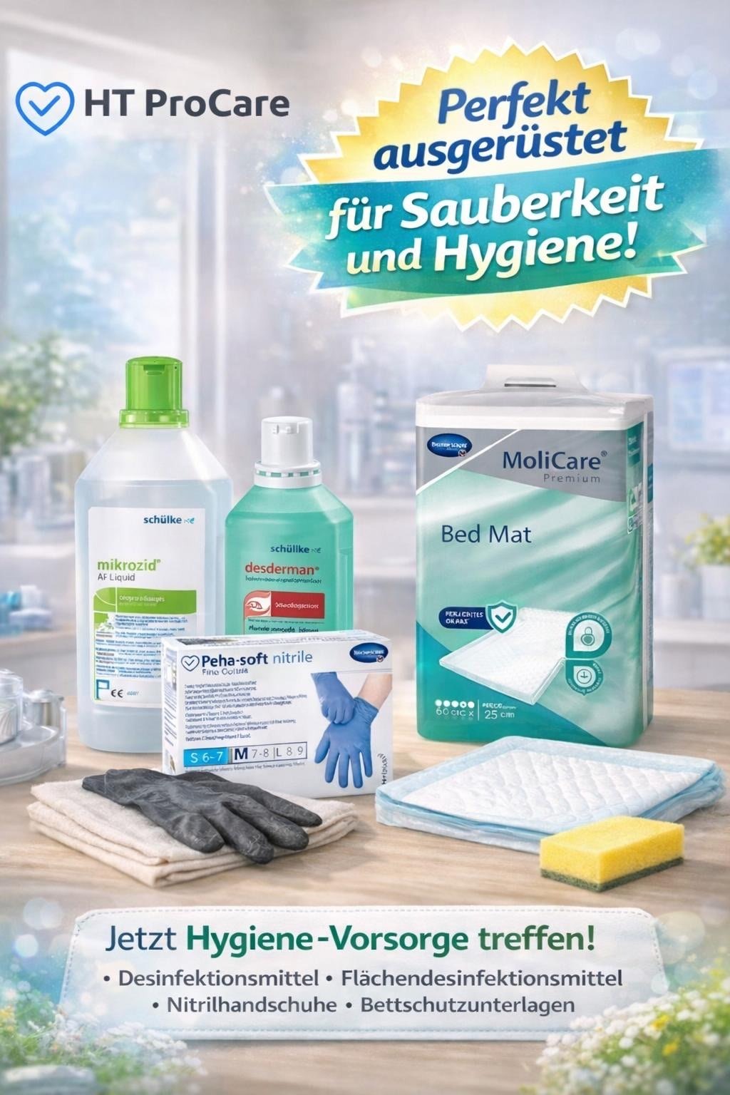 Pflegebox mit Pflegehilfsmitteln von HT ProCare für Pflegebedürftige